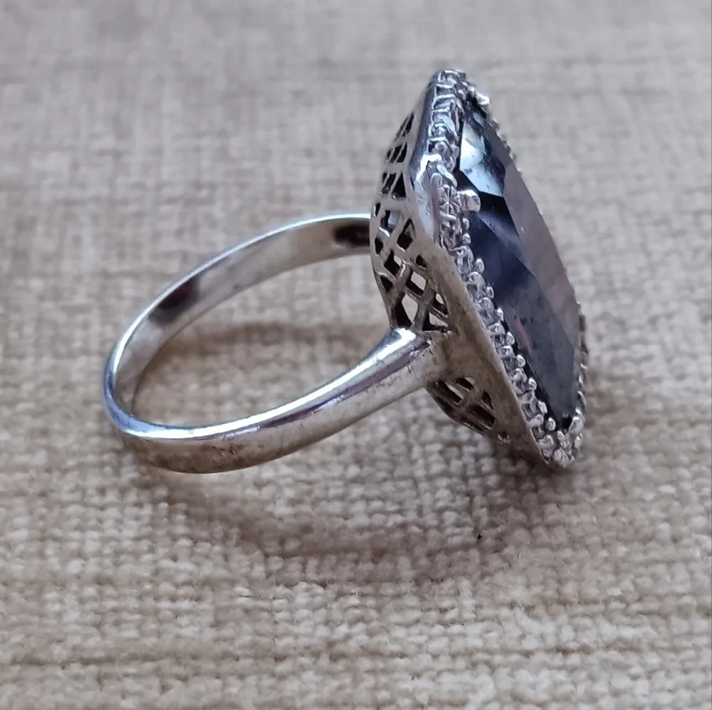 Rectangular Multi Faceted Deep Red Glass Silver Ring